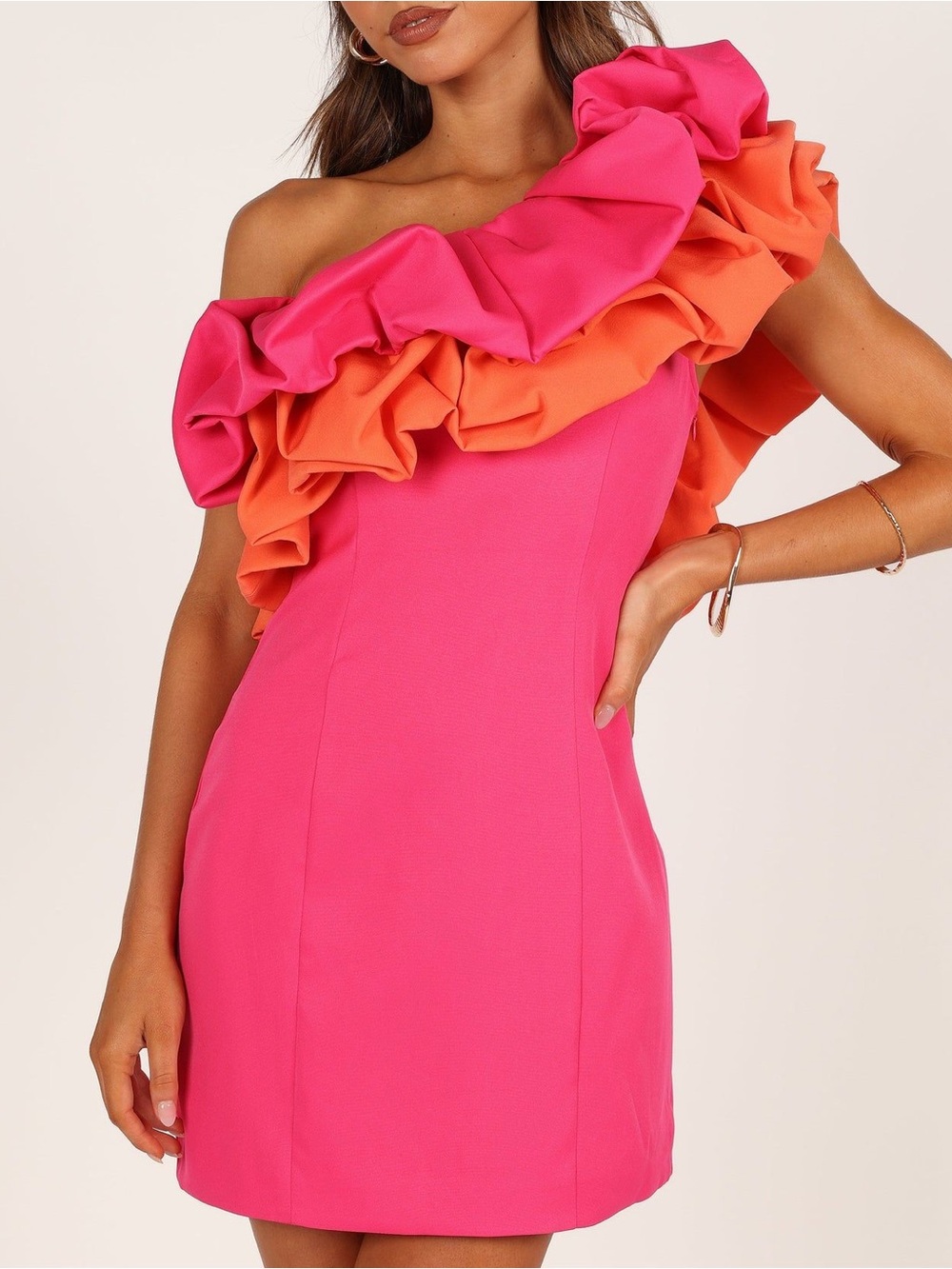 DO+BE One-Shoulder Ruffle Dress in Hot Pink and Orange Size Small
